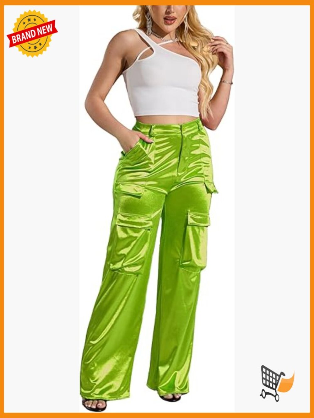 High Waisted Satin Cargo Pants Loose Fit Wide Leg Trousers with Pockets